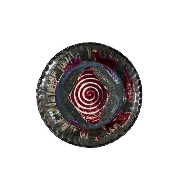 Edgecomb Potters Maine Red Purple Green Crystalline 11" Fluted Pie Dish